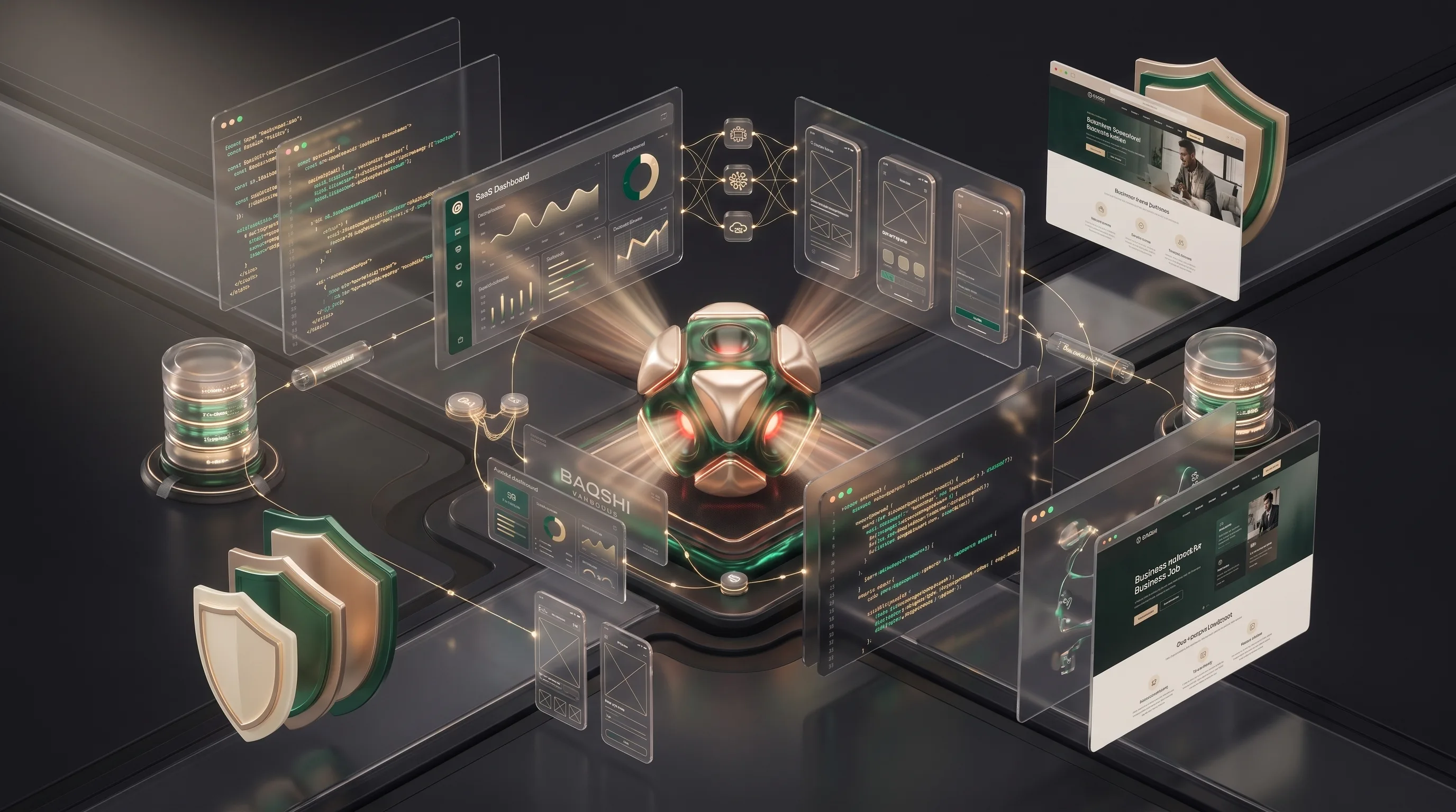 A software build chamber where dashboards, apps, AI agents and pipelines assemble around a golden core.
