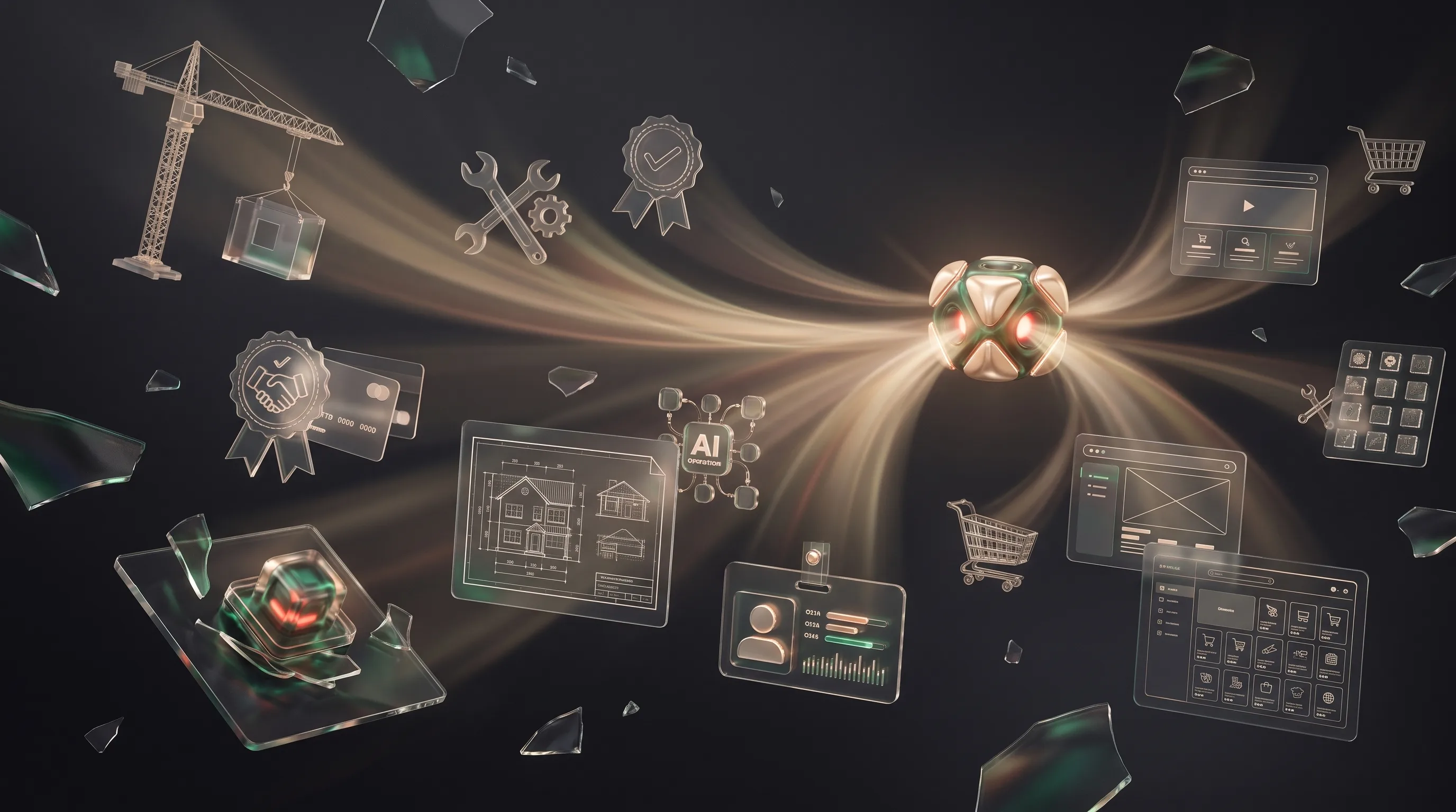 Real-world problems drifting as glass fragments while a golden venture core scans them.