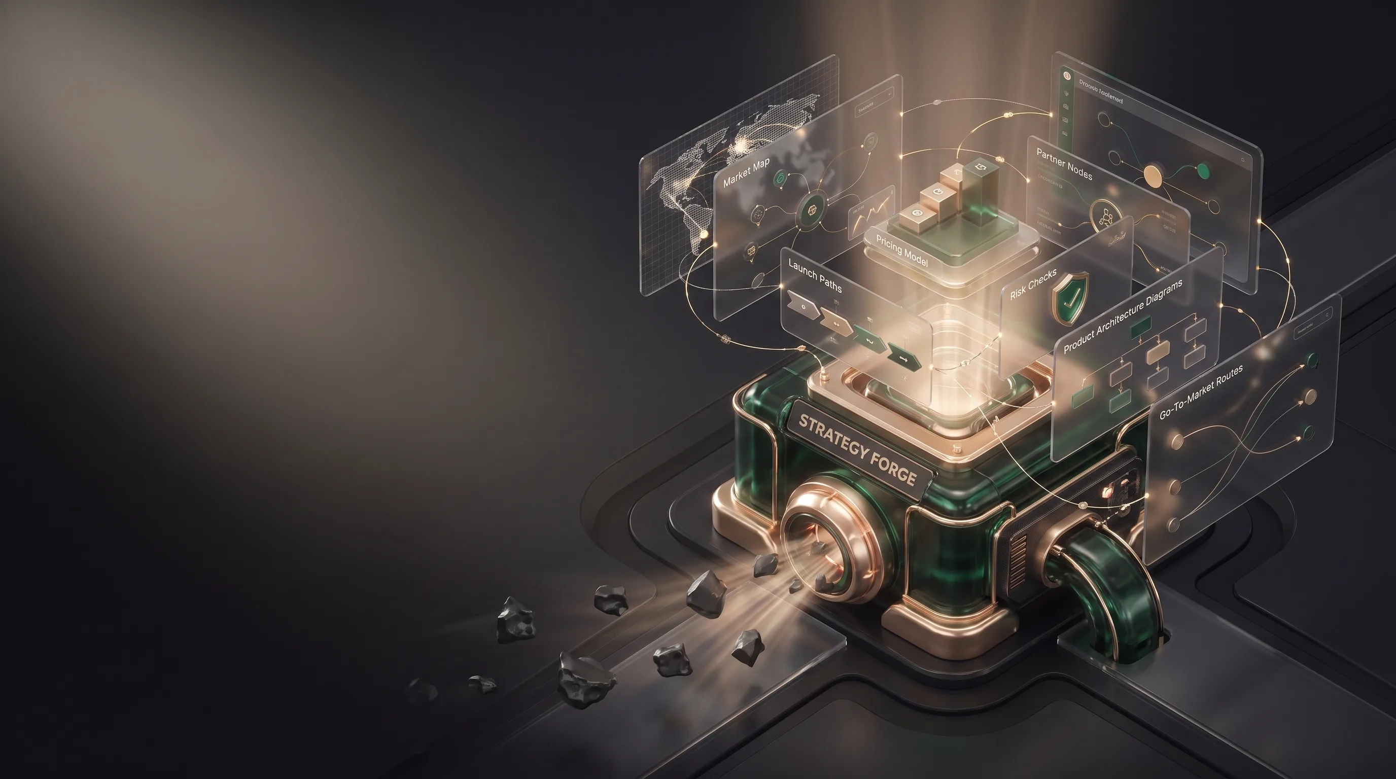 A strategy forge arranging problem fragments into market maps, pricing and launch paths.